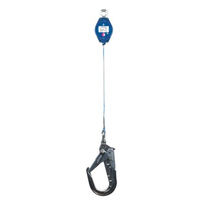 Fall arrest device with strong Dyneema webbing and carabiners in top and bottom. Max weight 136 kg