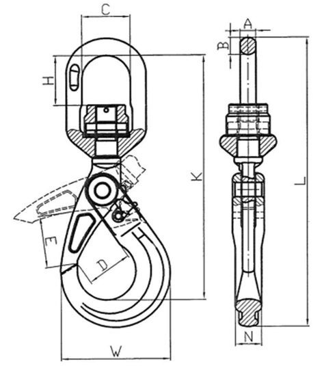 Sikkerhedskrog med svirvel POWERTEX SLS-B stregtegning