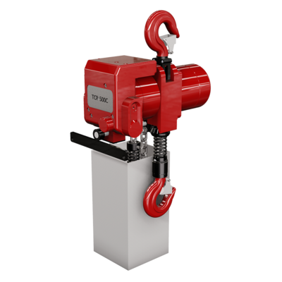 The air chain hoist RED ROOSTER TCR from 250 KG to 2 tons lifting capacity.